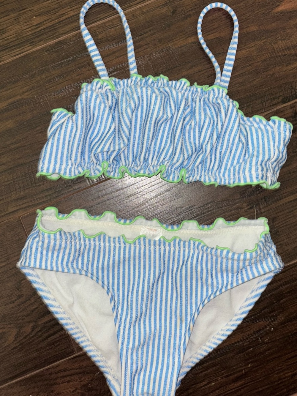 Cat & Jack Blue and White Striped Ruffle Bikini with Lime Trim